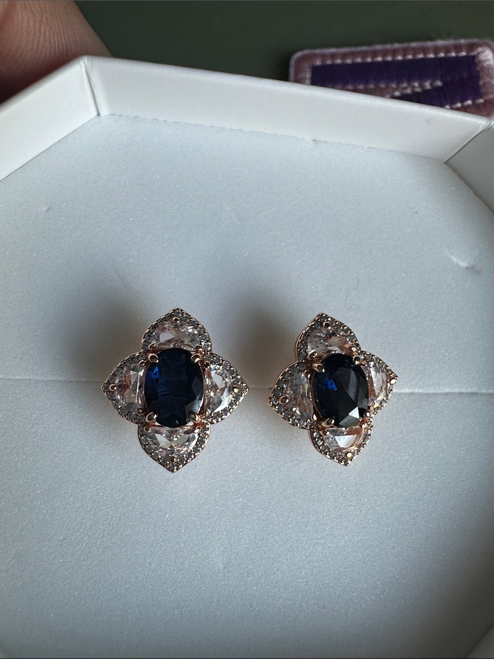Rose Gold Sapphire Blue and Clear Crystal Flower Stud Earrings